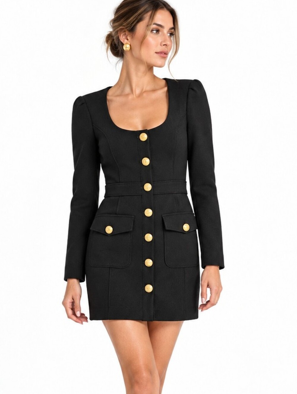 A.L.C. Dress Mini Ivy Style Black Knit Gold Buttons Long Sleeve